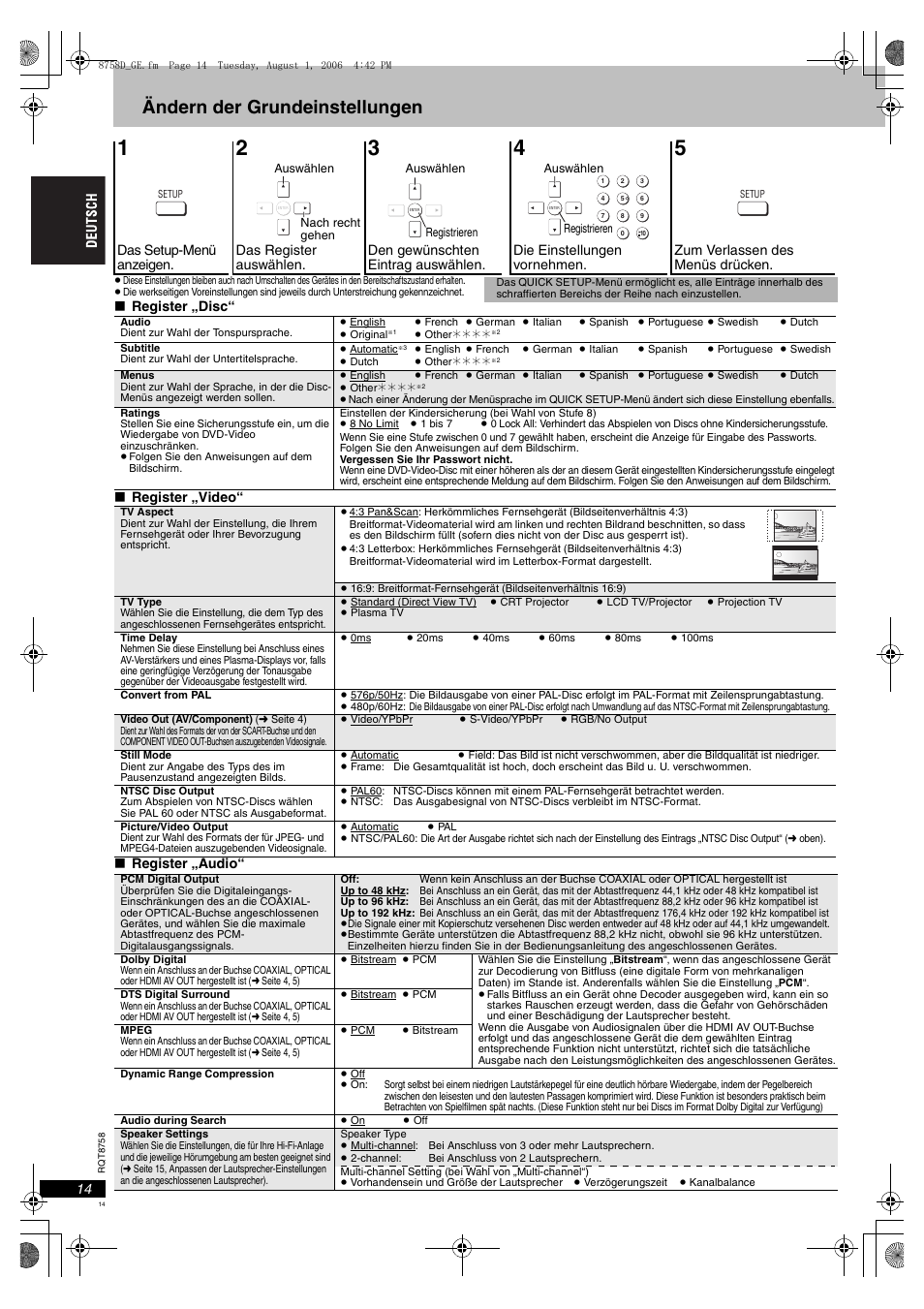 Ändern der grundeinstellungen | Panasonic DVDS99 User Manual | Page 14 / 116