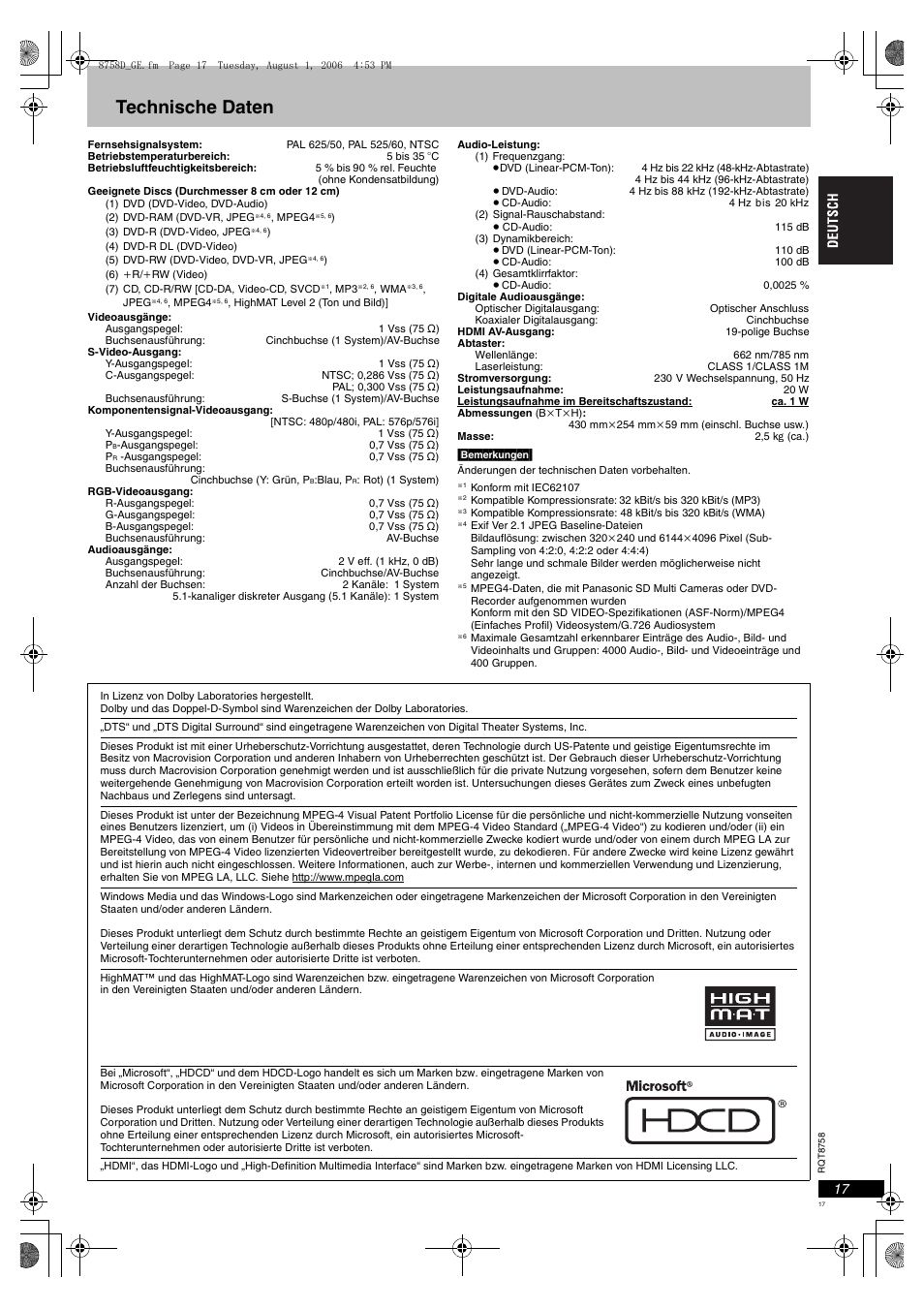Technische daten | Panasonic DVDS99 User Manual | Page 17 / 116