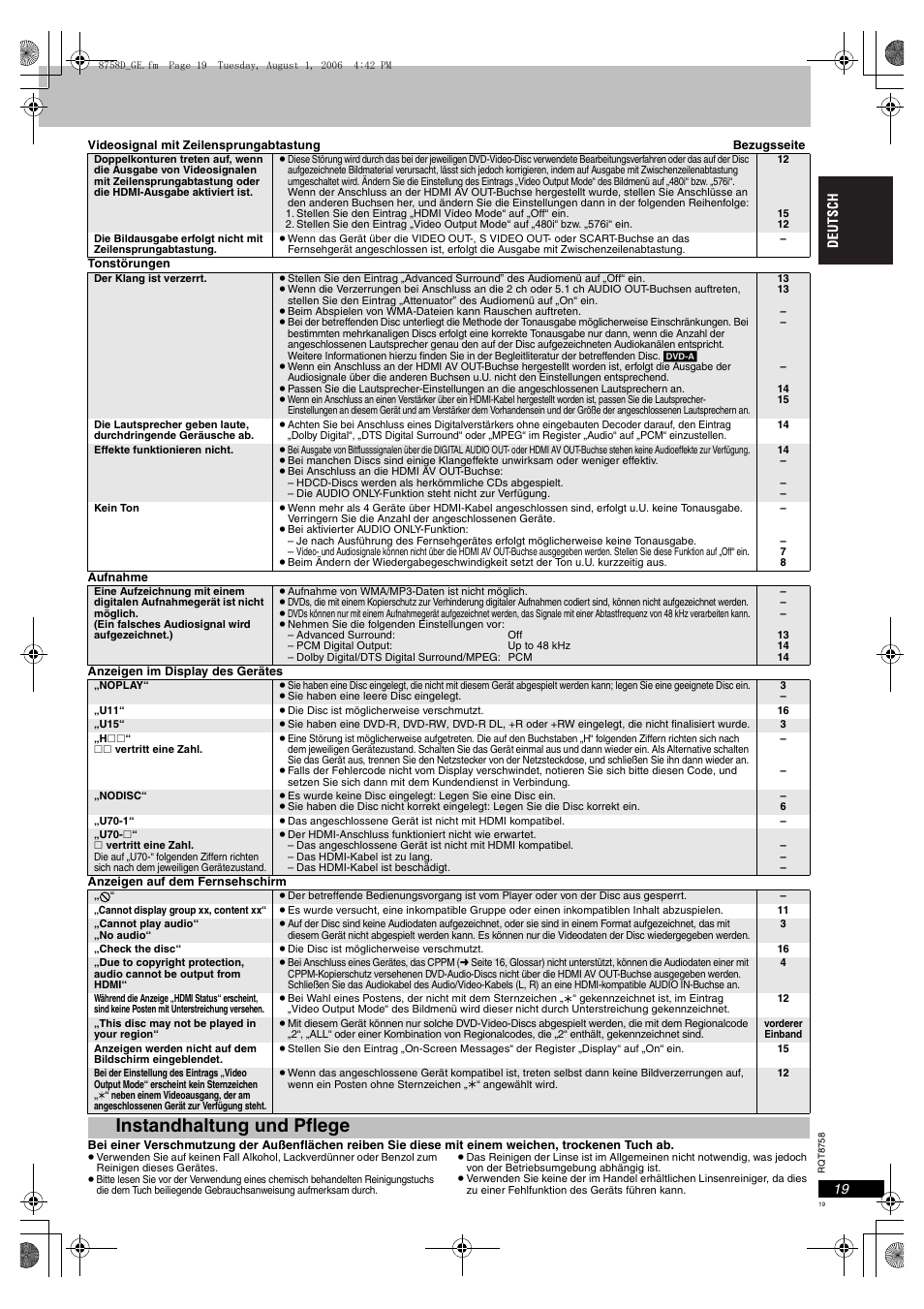 Instandhaltung und pflege | Panasonic DVDS99 User Manual | Page 19 / 116