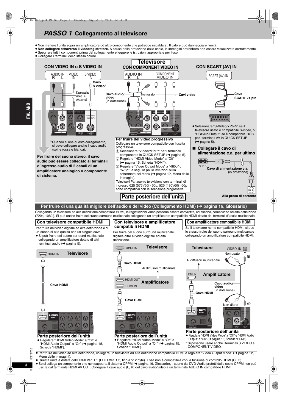 Passo 1, Collegamento al televisore, Televisore | Parte posteriore dell’unità, Collegare il cavo di alimentazione c.a. per ultimo, Televisore parte posteriore dell’unità, Amplificatore, Amplificatore parte posteriore dell’unità, Con televisore compatibile hdmi, Per fruire del video progressivo | Panasonic DVDS99 User Manual | Page 22 / 116