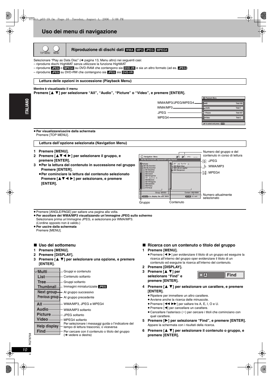 Uso dei menu di navigazione, Find, Uso del sottomenu | Ricerca con un contenuto o titolo del gruppo, Riproduzione di dischi dati | Panasonic DVDS99 User Manual | Page 28 / 116