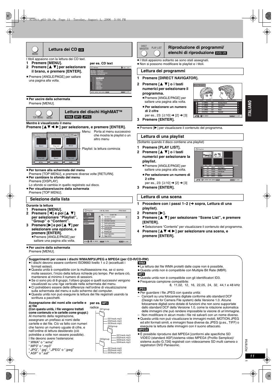 Lettura dei cd, Lettura dei dischi highmat, Selezione dalla lista | Riproduzione di programmi/ elenchi di riproduzione, 3 premere [enter | Panasonic DVDS99 User Manual | Page 29 / 116