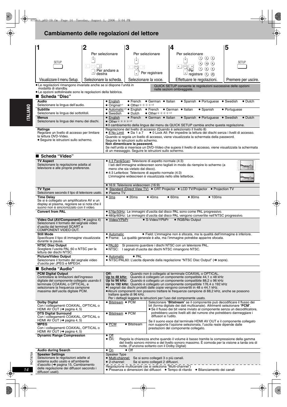 Cambiamento delle regolazioni del lettore | Panasonic DVDS99 User Manual | Page 32 / 116