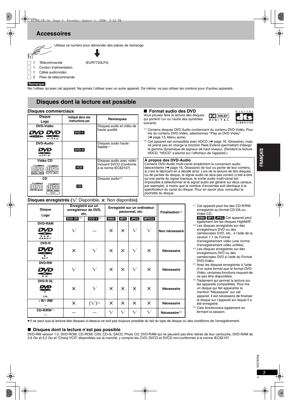 Accessoires, Disques dont la lecture est possible | Panasonic DVDS99 User Manual | Page 39 / 116