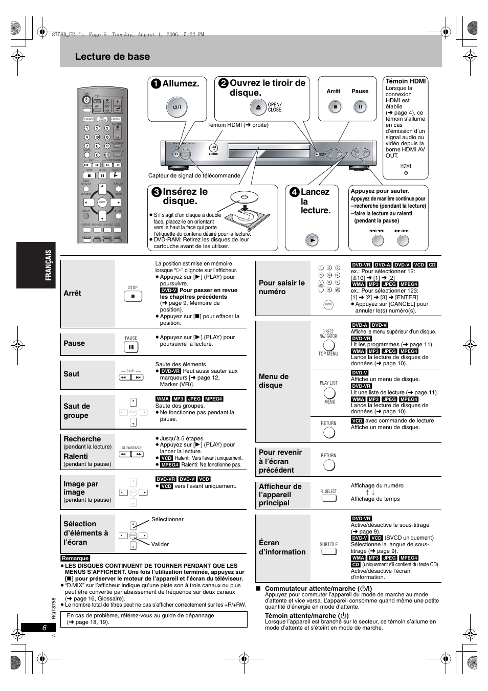 Lecture de base, Insérez le disque, Allumez | Ouvrez le tiroir de disque, Lancez la lecture, Arrêt, Pause, Saut, Saut de groupe, Recherche | Panasonic DVDS99 User Manual | Page 42 / 116