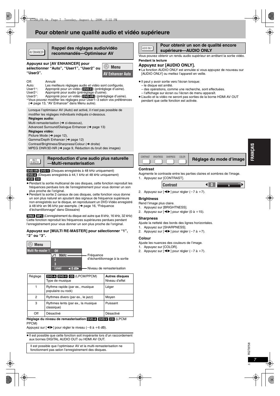 Pour obtenir une qualité audio et vidéo supérieure | Panasonic DVDS99 User Manual | Page 43 / 116