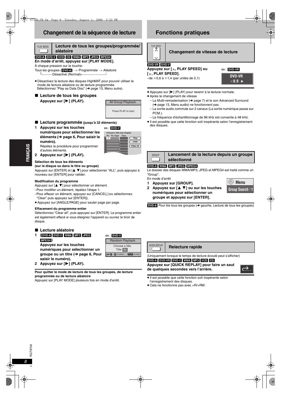 Changement de la séquence de lecture, Fonctions pratiques | Panasonic DVDS99 User Manual | Page 44 / 116
