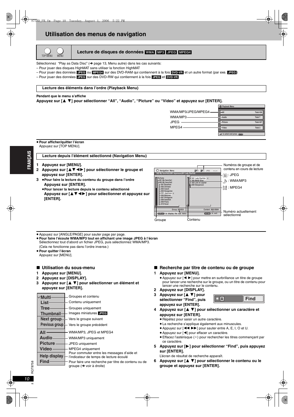 Utilisation des menus de navigation, Find, Utilisation du sous-menu | Recherche par titre de contenu ou de groupe, Lecture de disques de données | Panasonic DVDS99 User Manual | Page 46 / 116