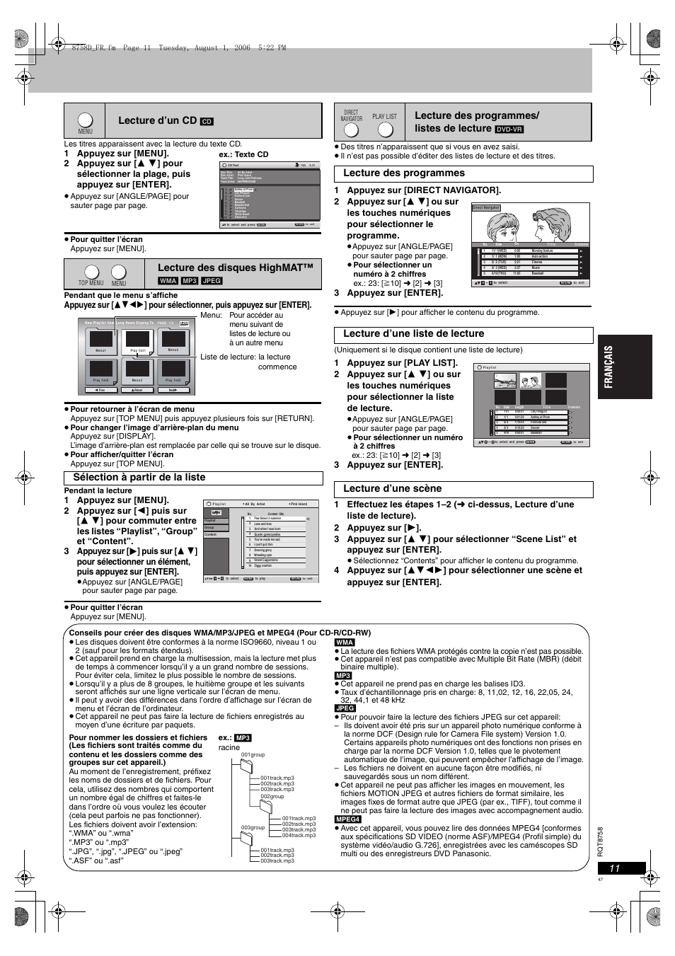 Lecture d’un cd, Lecture des disques highmat, Sélection à partir de la liste | Lecture des programmes/ listes de lecture, 3 appuyez sur [enter | Panasonic DVDS99 User Manual | Page 47 / 116