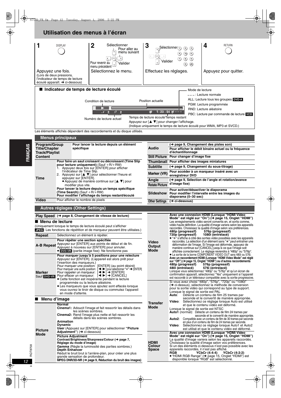 Utilisation des menus à l’écran | Panasonic DVDS99 User Manual | Page 48 / 116