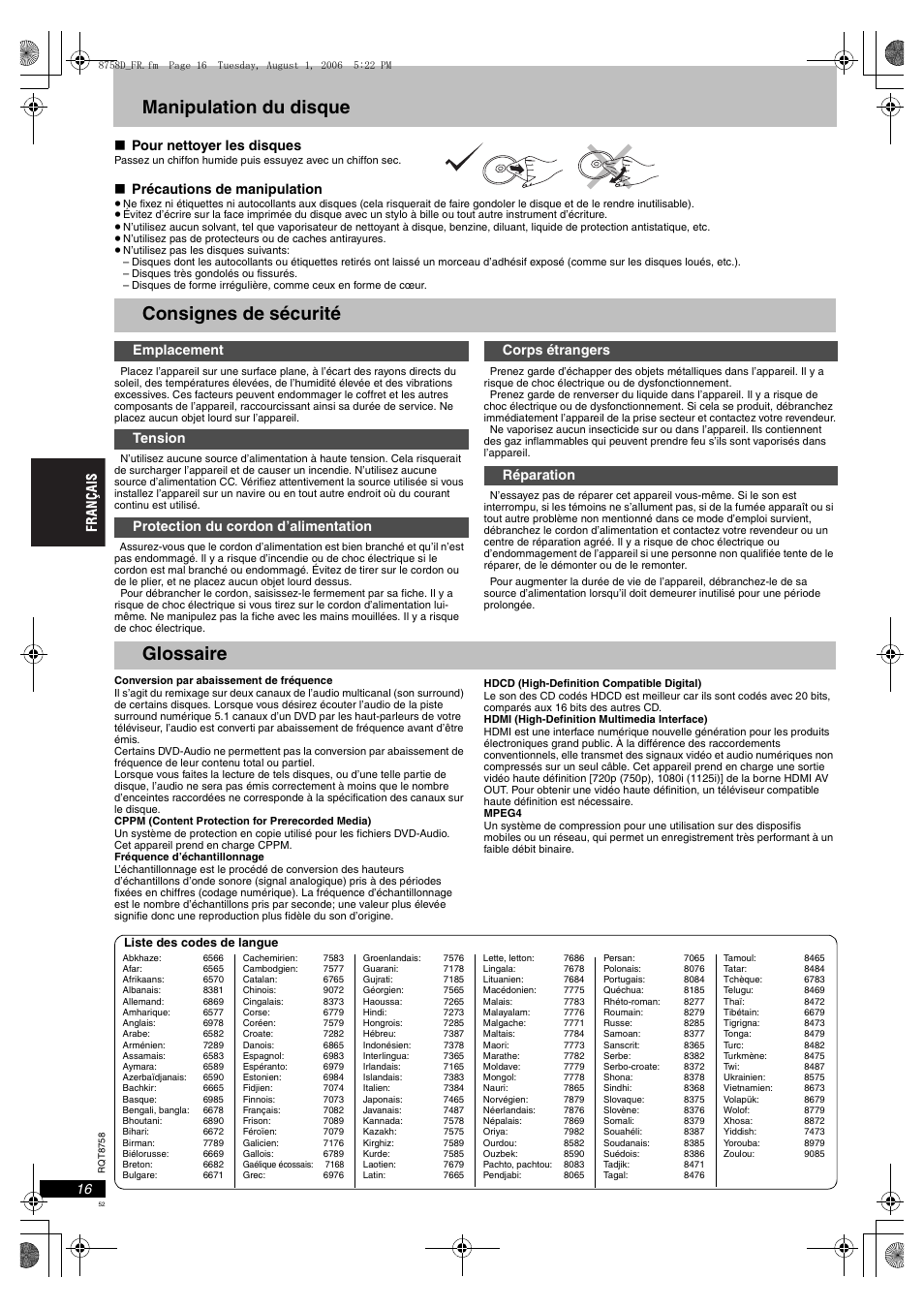 Manipulation du disque, Consignes de sécurité, Glossaire | Pour nettoyer les disques, Précautions de manipulation | Panasonic DVDS99 User Manual | Page 52 / 116