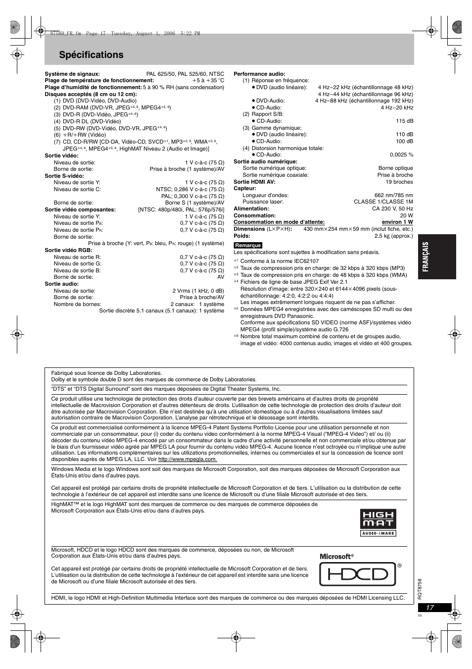 Spécifications | Panasonic DVDS99 User Manual | Page 53 / 116