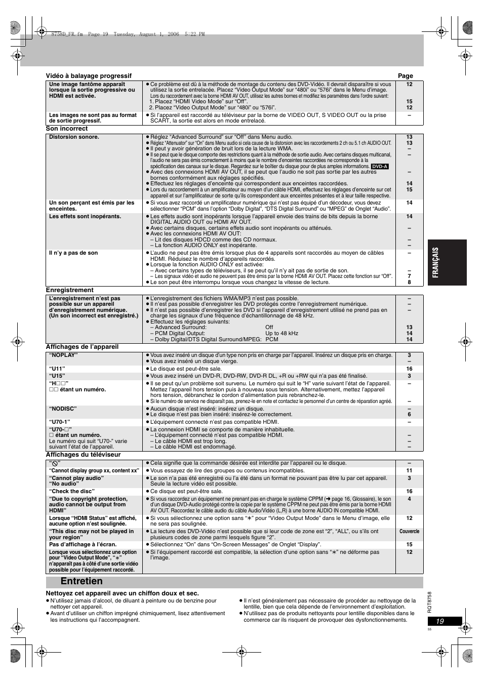Entretien | Panasonic DVDS99 User Manual | Page 55 / 116
