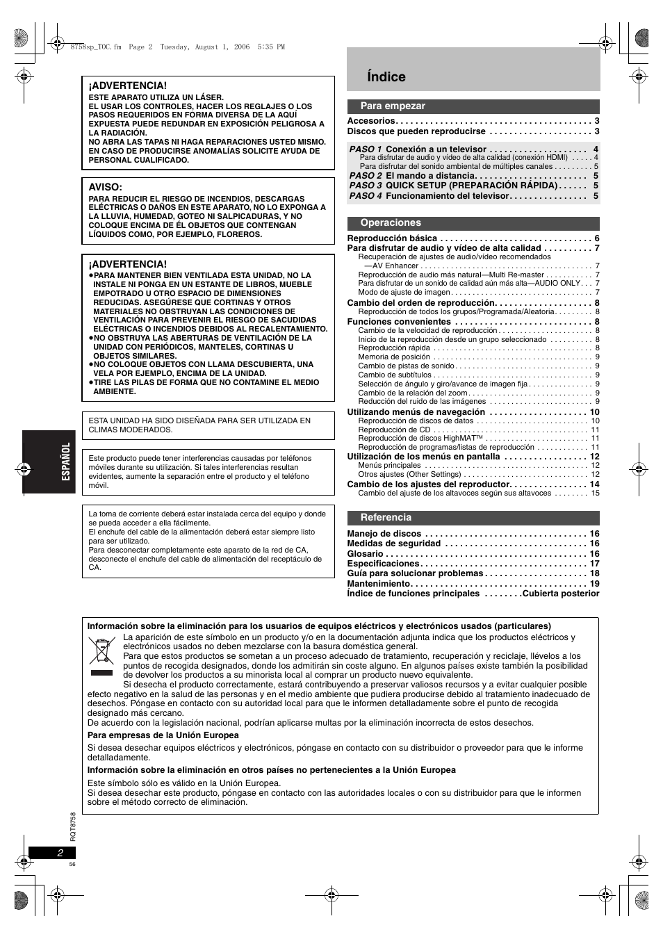 Índice | Panasonic DVDS99 User Manual | Page 56 / 116