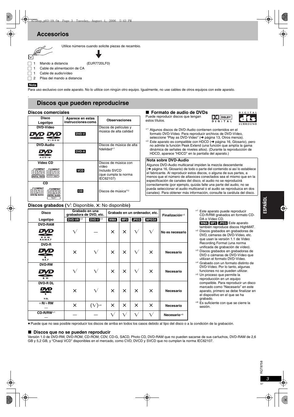 Accesorios, Discos que pueden reproducirse | Panasonic DVDS99 User Manual | Page 57 / 116