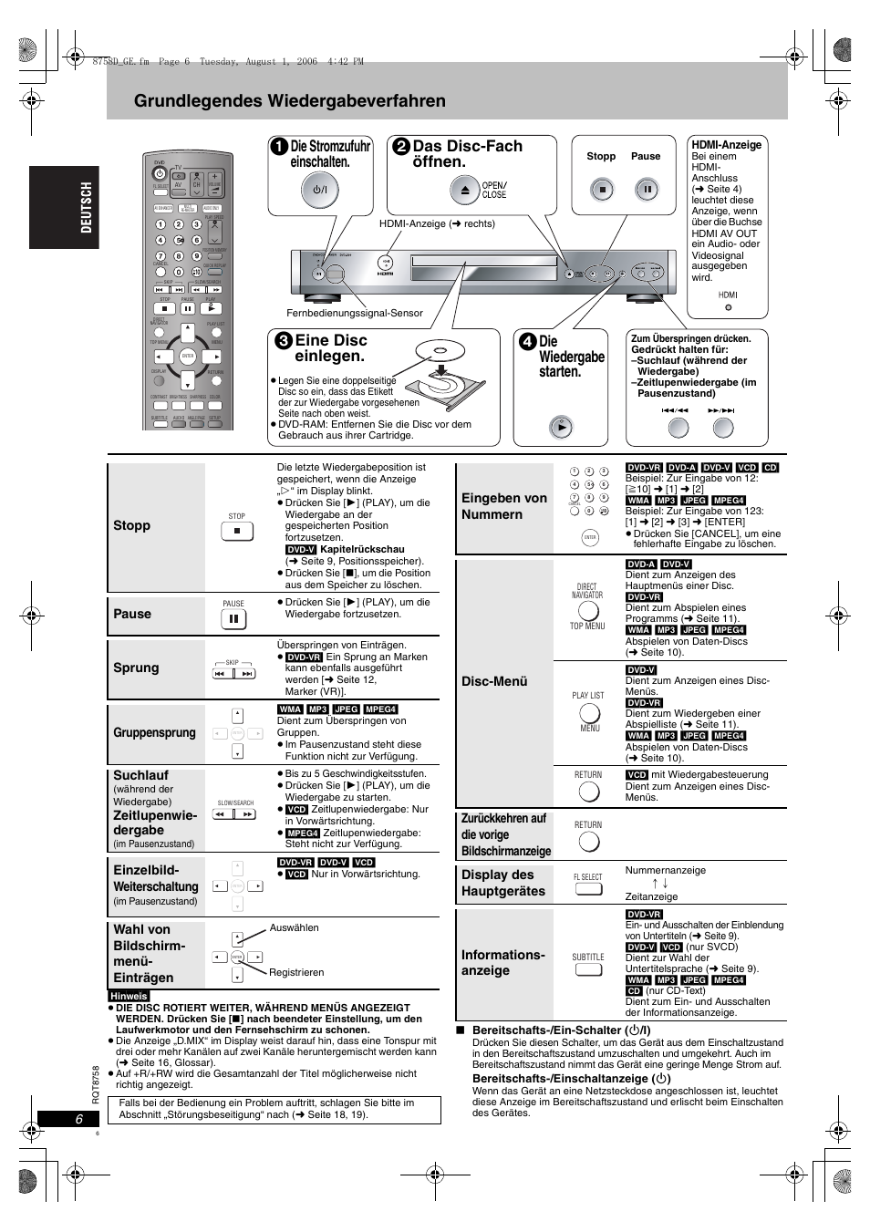 Grundlegendes wiedergabeverfahren, Die stromzufuhr einschalten, Das disc-fach öffnen | Eine disc einlegen, Die wiedergabe starten, Stopp, Pause, Sprung, Gruppensprung, Suchlauf | Panasonic DVDS99 User Manual | Page 6 / 116