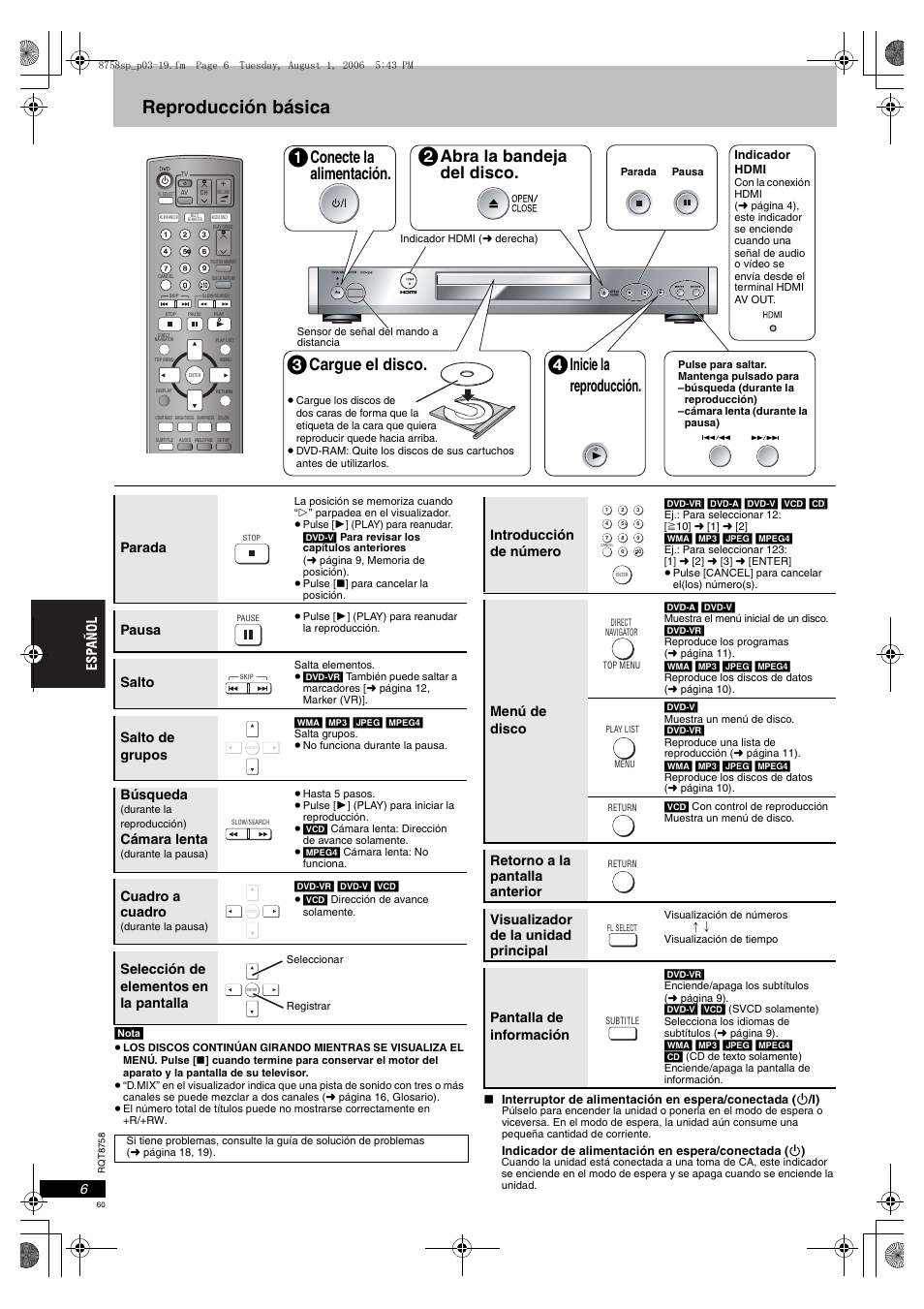 Reproducción básica, Conecte la alimentación, Abra la bandeja del disco | Cargue el disco, Inicie la reproducción, Parada, Pausa, Salto, Salto de grupos, Búsqueda | Panasonic DVDS99 User Manual | Page 60 / 116