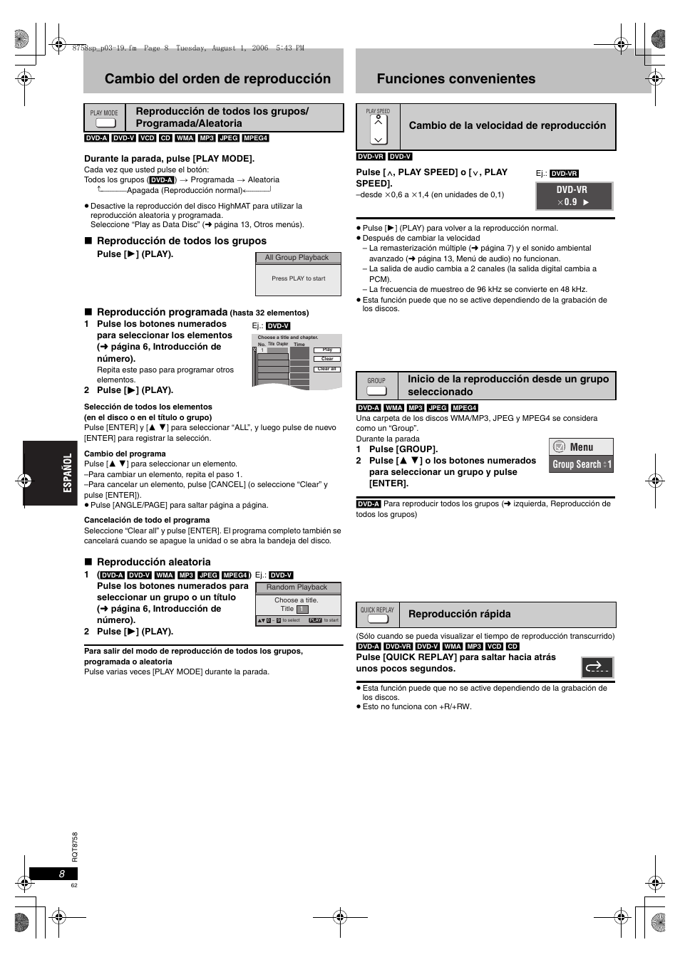 Cambio del orden de reproducción, Funciones convenientes | Panasonic DVDS99 User Manual | Page 62 / 116