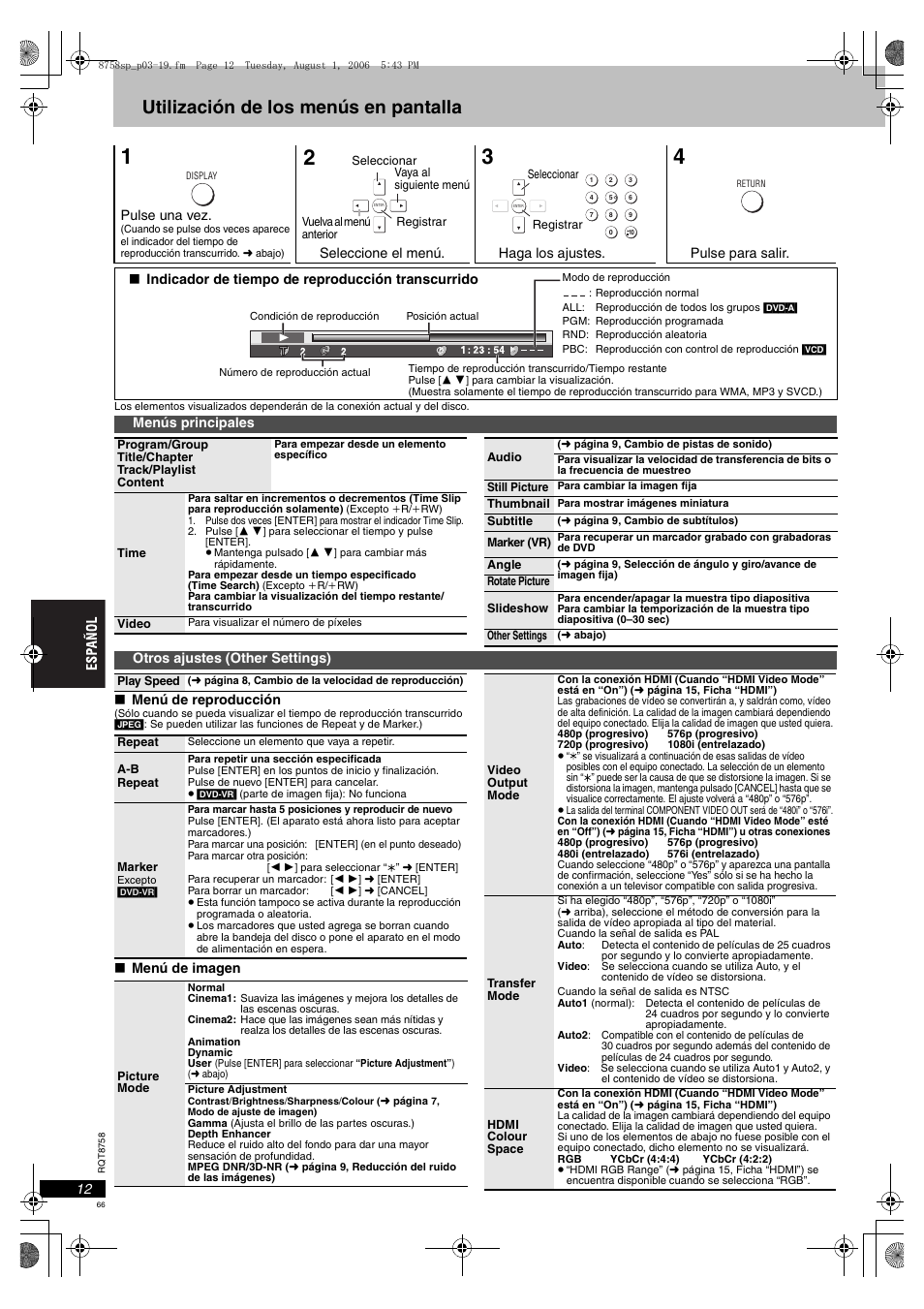 Utilización de los menús en pantalla | Panasonic DVDS99 User Manual | Page 66 / 116