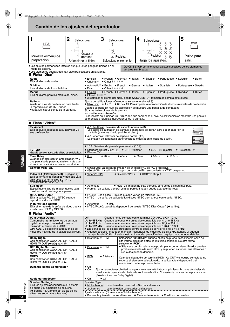 Cambio de los ajustes del reproductor | Panasonic DVDS99 User Manual | Page 68 / 116