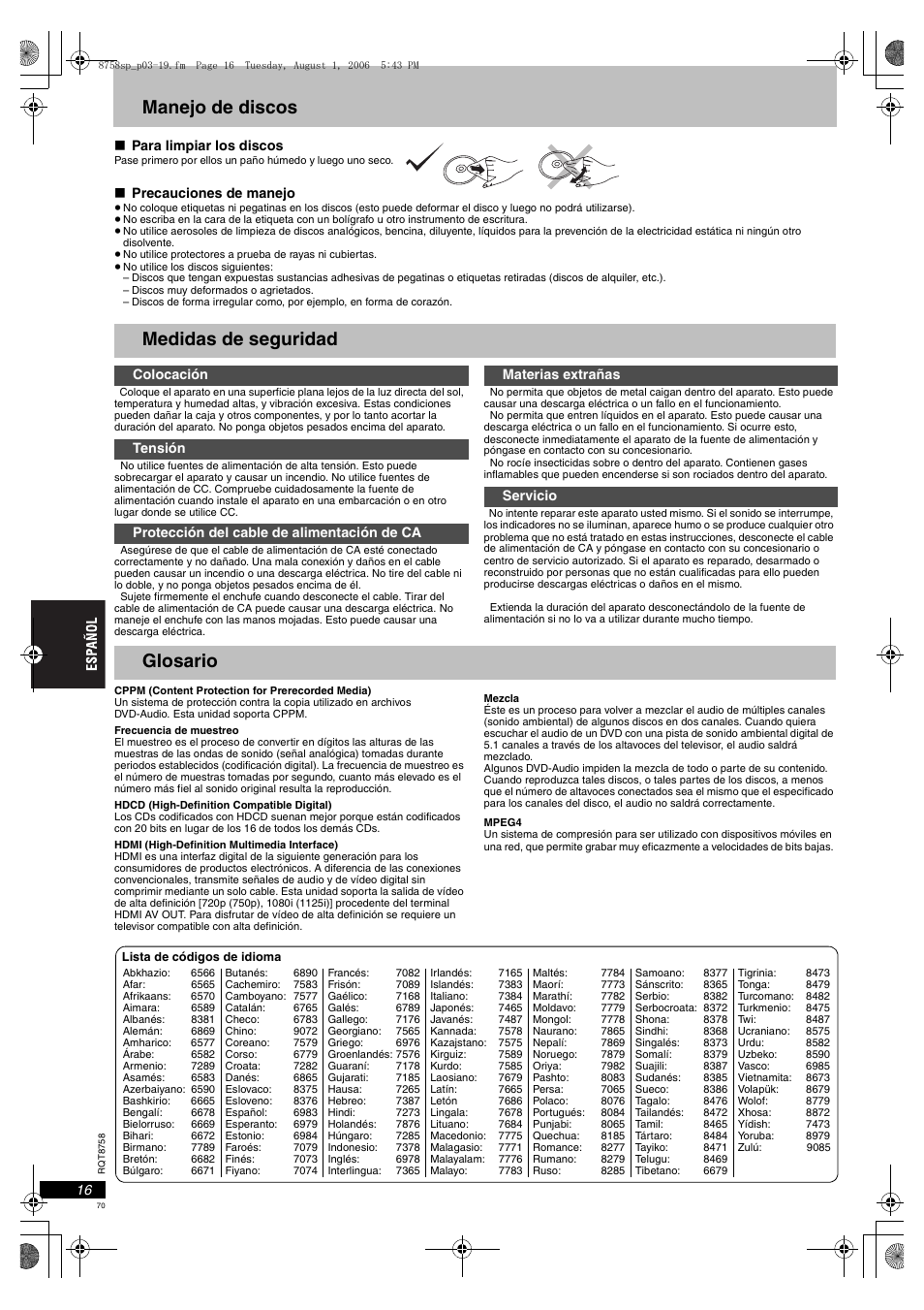 Manejo de discos, Medidas de seguridad, Glosario | Panasonic DVDS99 User Manual | Page 70 / 116