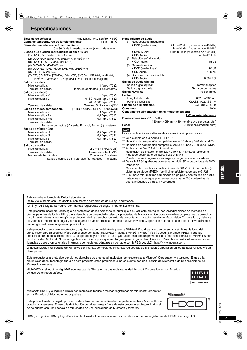 Especificaciones | Panasonic DVDS99 User Manual | Page 71 / 116