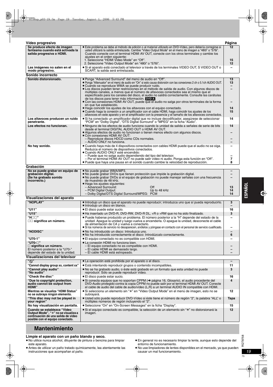 Mantenimiento | Panasonic DVDS99 User Manual | Page 73 / 116