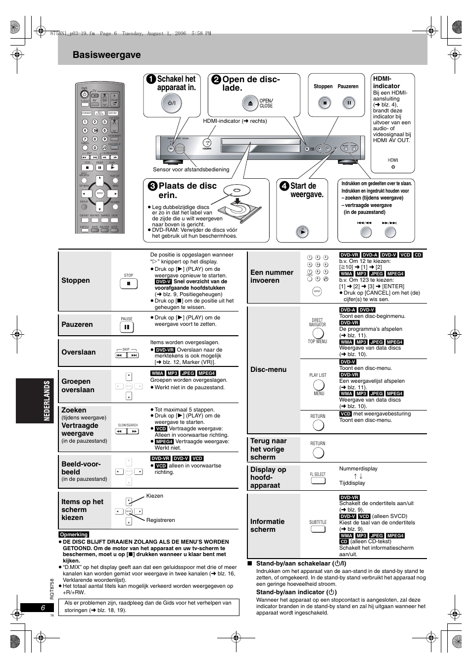 Basisweergave, Schakel het apparaat in, Plaats de disc erin | Start de weergave, Open de disc- lade, Stoppen, Pauzeren, Overslaan, Groepen overslaan, Zoeken | Panasonic DVDS99 User Manual | Page 78 / 116