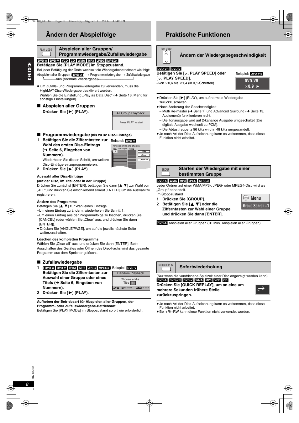 Ändern der abspielfolge, Praktische funktionen | Panasonic DVDS99 User Manual | Page 8 / 116