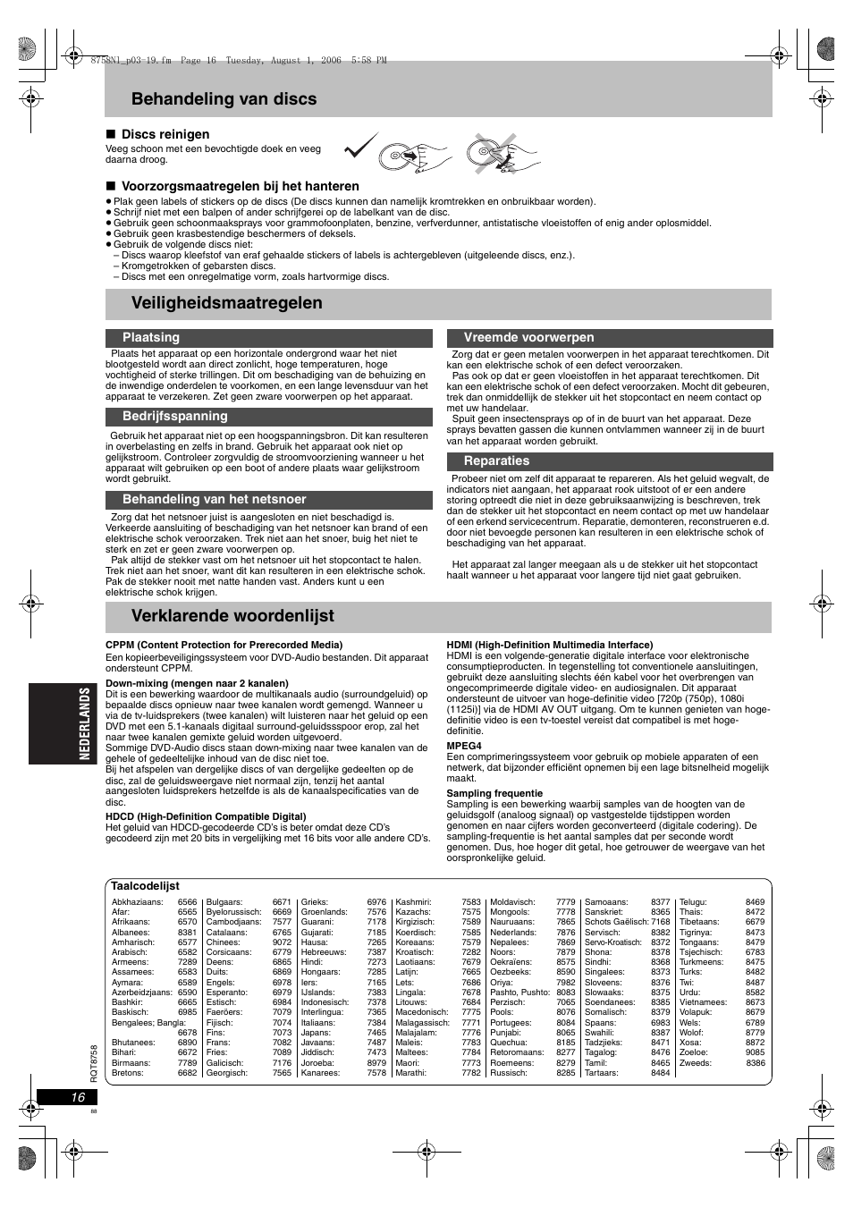 Behandeling van discs, Veiligheidsmaatregelen, Verklarende woordenlijst | Discs reinigen, Voorzorgsmaatregelen bij het hanteren | Panasonic DVDS99 User Manual | Page 88 / 116