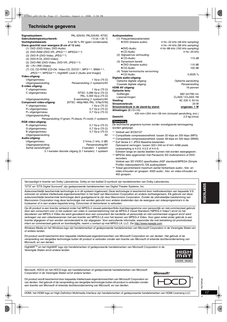 Technische gegevens | Panasonic DVDS99 User Manual | Page 89 / 116