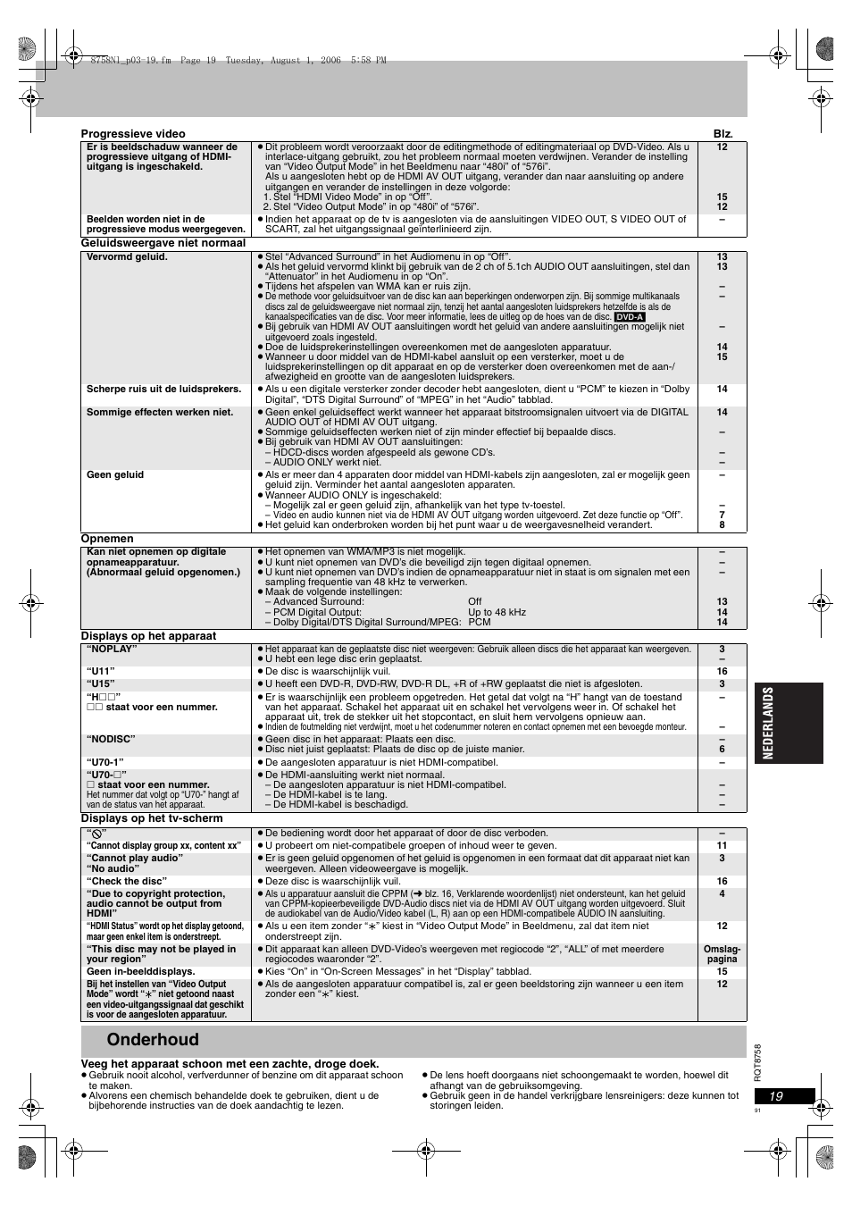 Onderhoud | Panasonic DVDS99 User Manual | Page 91 / 116