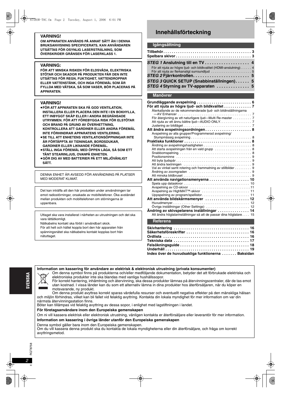 Innehållsförteckning | Panasonic DVDS99 User Manual | Page 92 / 116