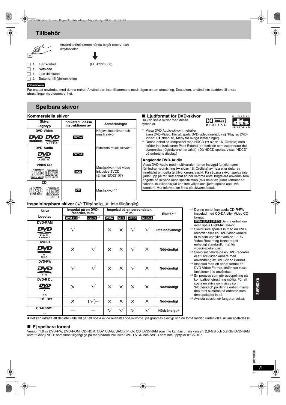 Tillbehör, Spelbara skivor, Ty y | Yt t y t, T( y) | Panasonic DVDS99 User Manual | Page 93 / 116