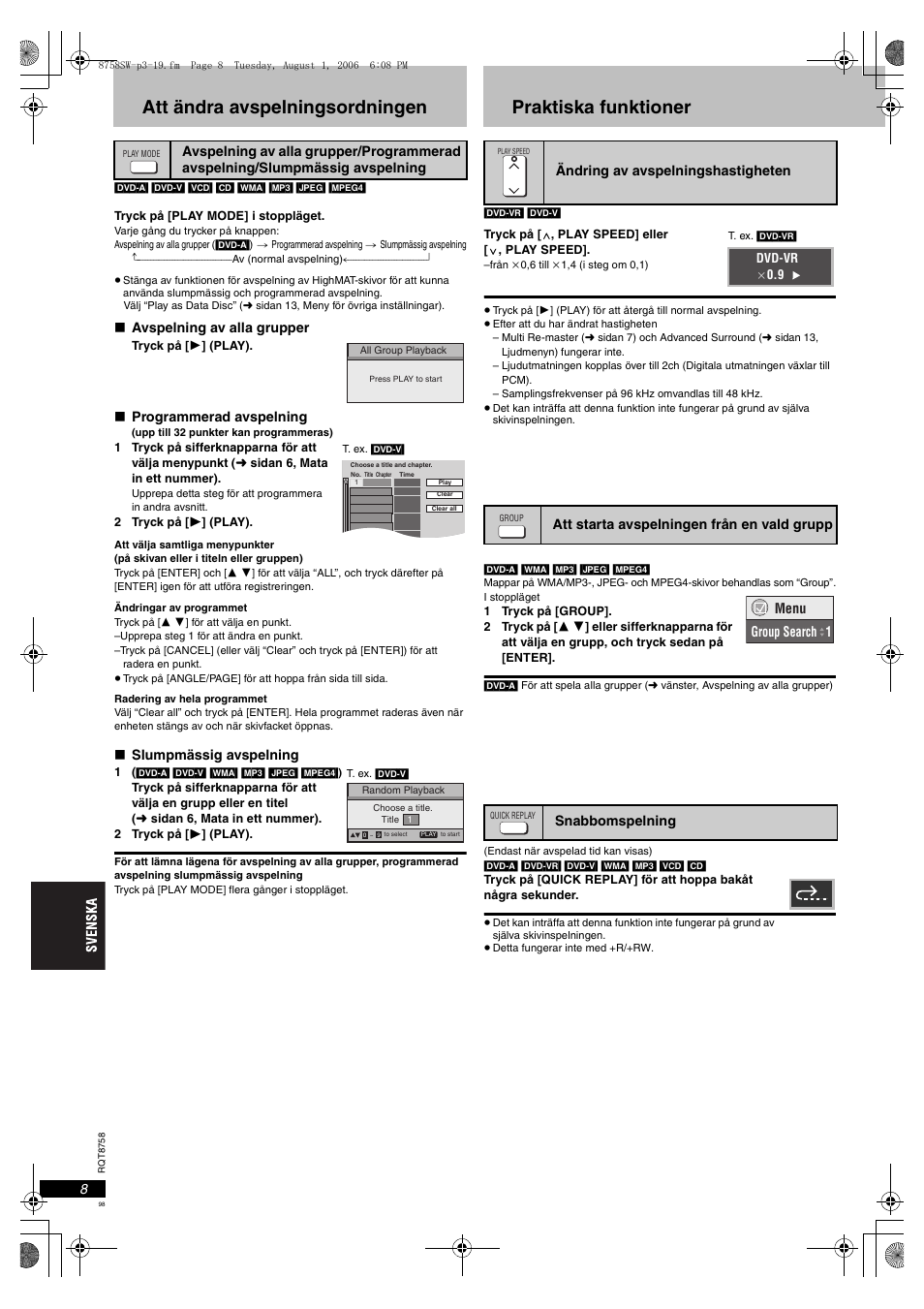 Att ändra avspelningsordningen, Praktiska funktioner | Panasonic DVDS99 User Manual | Page 98 / 116