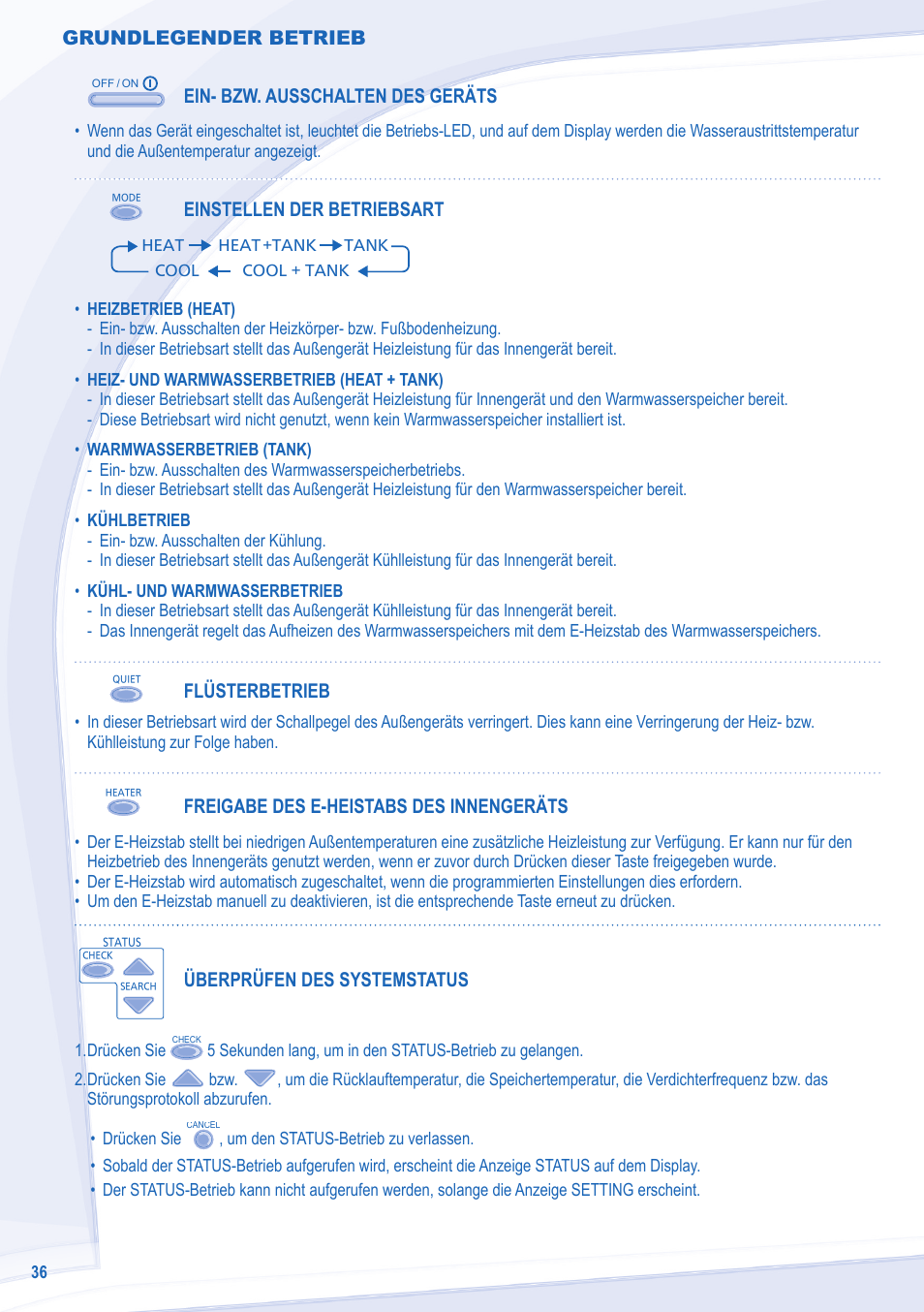 Grundlegender betrieb, Ein- bzw. ausschalten des geräts, Einstellen der betriebsart | Flüsterbetrieb, Freigabe des e-heistabs des innengeräts, Überprüfen des systemstatus | Panasonic WHSDC09C3E81 User Manual | Page 36 / 92
