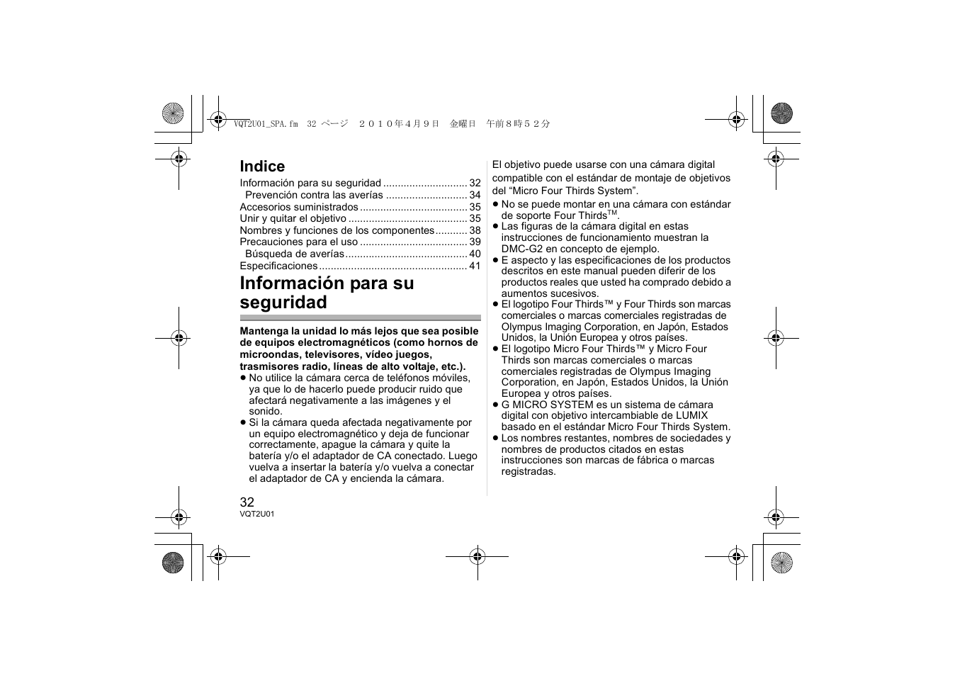Información para su seguridad, Indice | Panasonic HFS014042E User Manual | Page 32 / 72