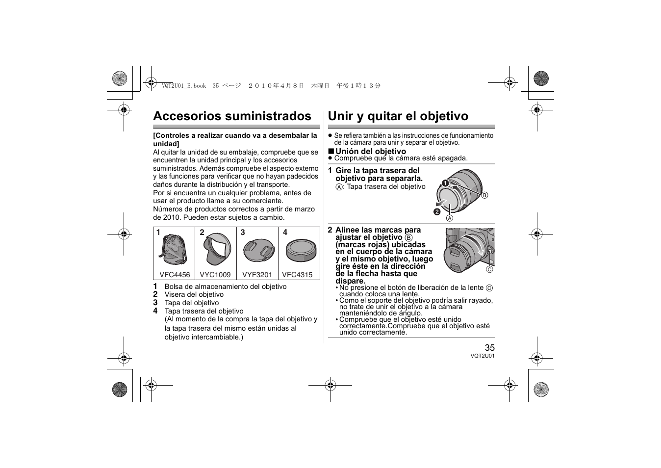 Accesorios suministrados, Unir y quitar el objetivo | Panasonic HFS014042E User Manual | Page 35 / 72
