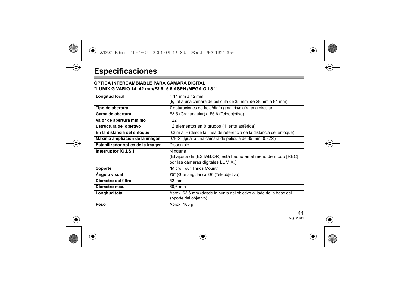 Especificaciones | Panasonic HFS014042E User Manual | Page 41 / 72