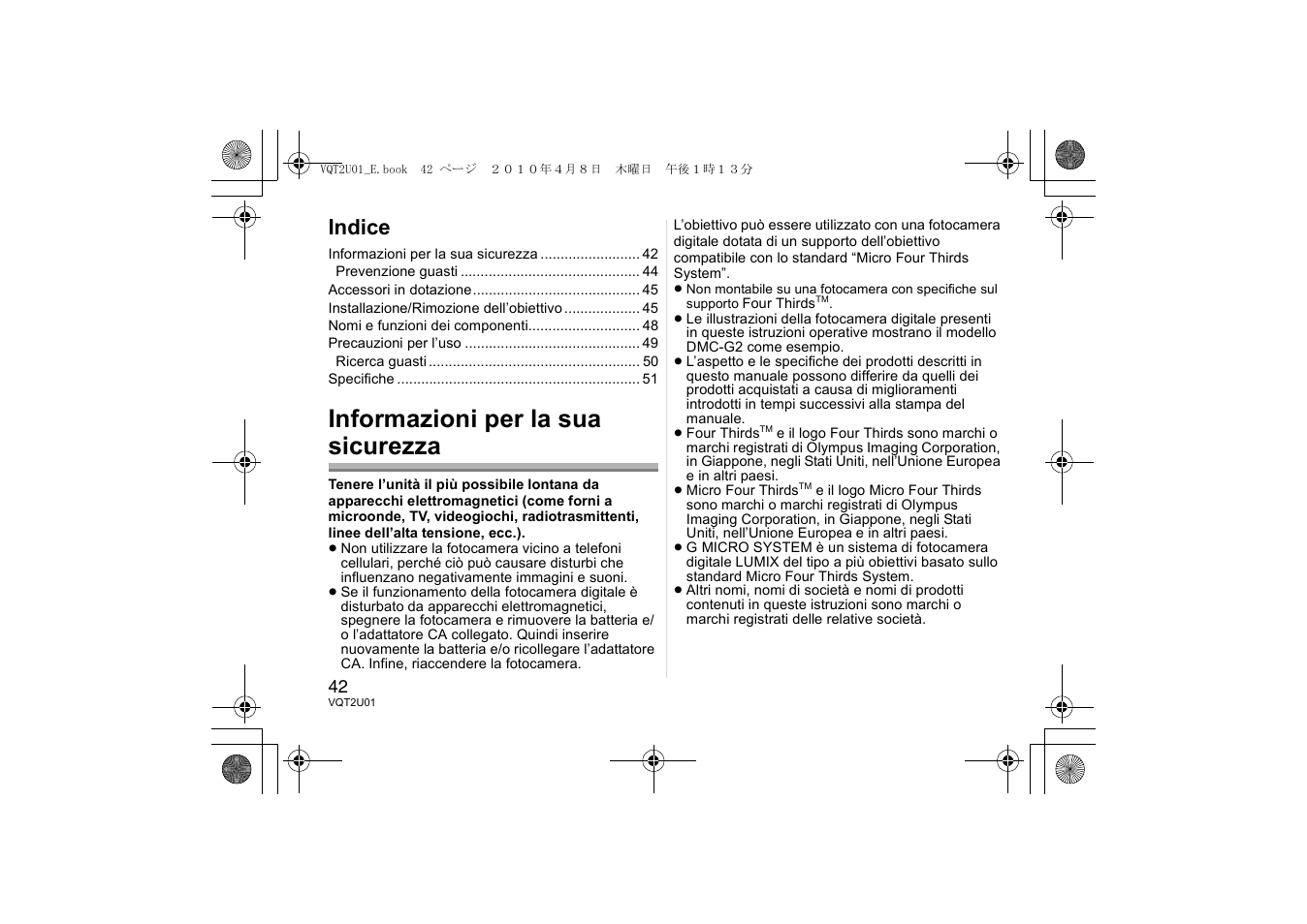 Informazioni per la sua sicurezza, Indice | Panasonic HFS014042E User Manual | Page 42 / 72
