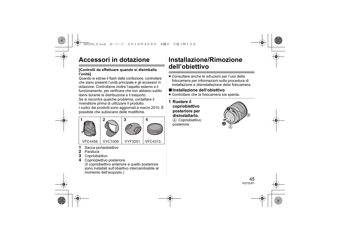 Accessori in dotazione, Installazione/rimozione dell’obiettivo | Panasonic HFS014042E User Manual | Page 45 / 72