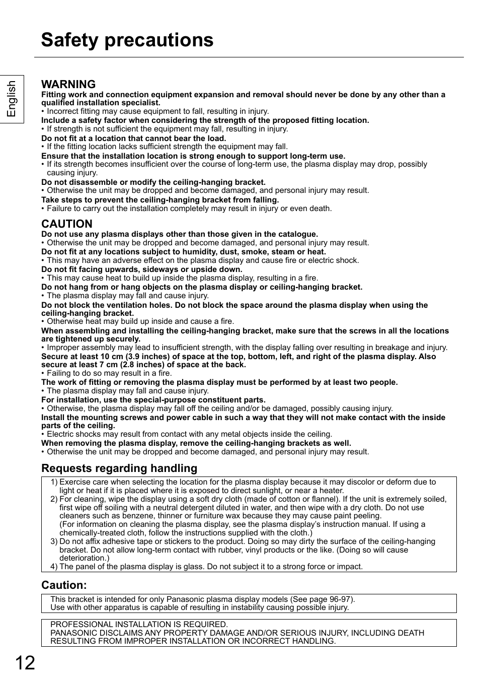 Safety precautions, English, Warning | Caution, Requests regarding handling | Panasonic TYCE42PS20 User Manual | Page 12 / 98