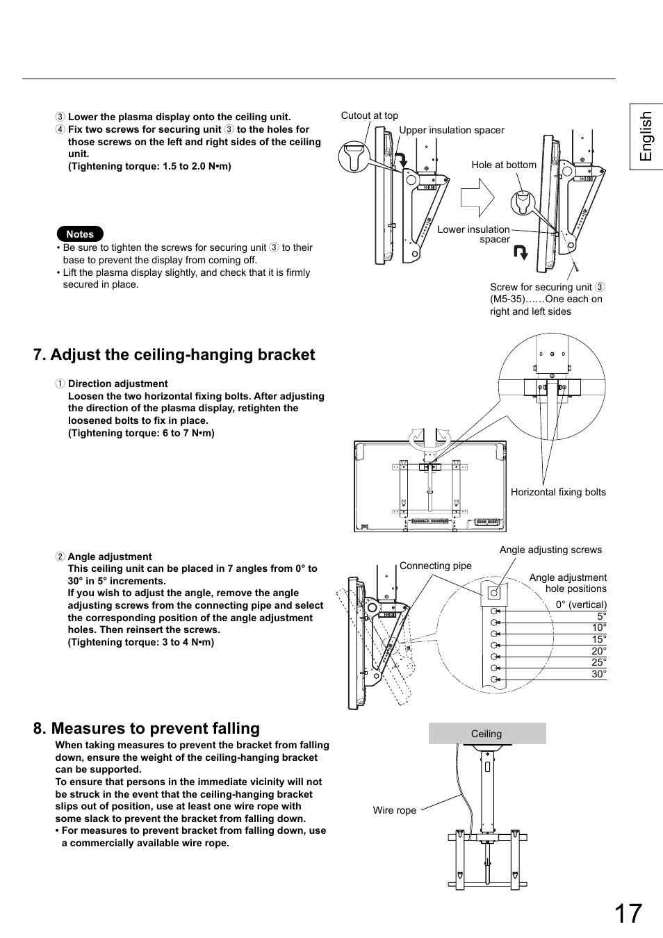 Adjust the ceiling-hanging bracket, Measures to prevent falling, English | Panasonic TYCE42PS20 User Manual | Page 17 / 98