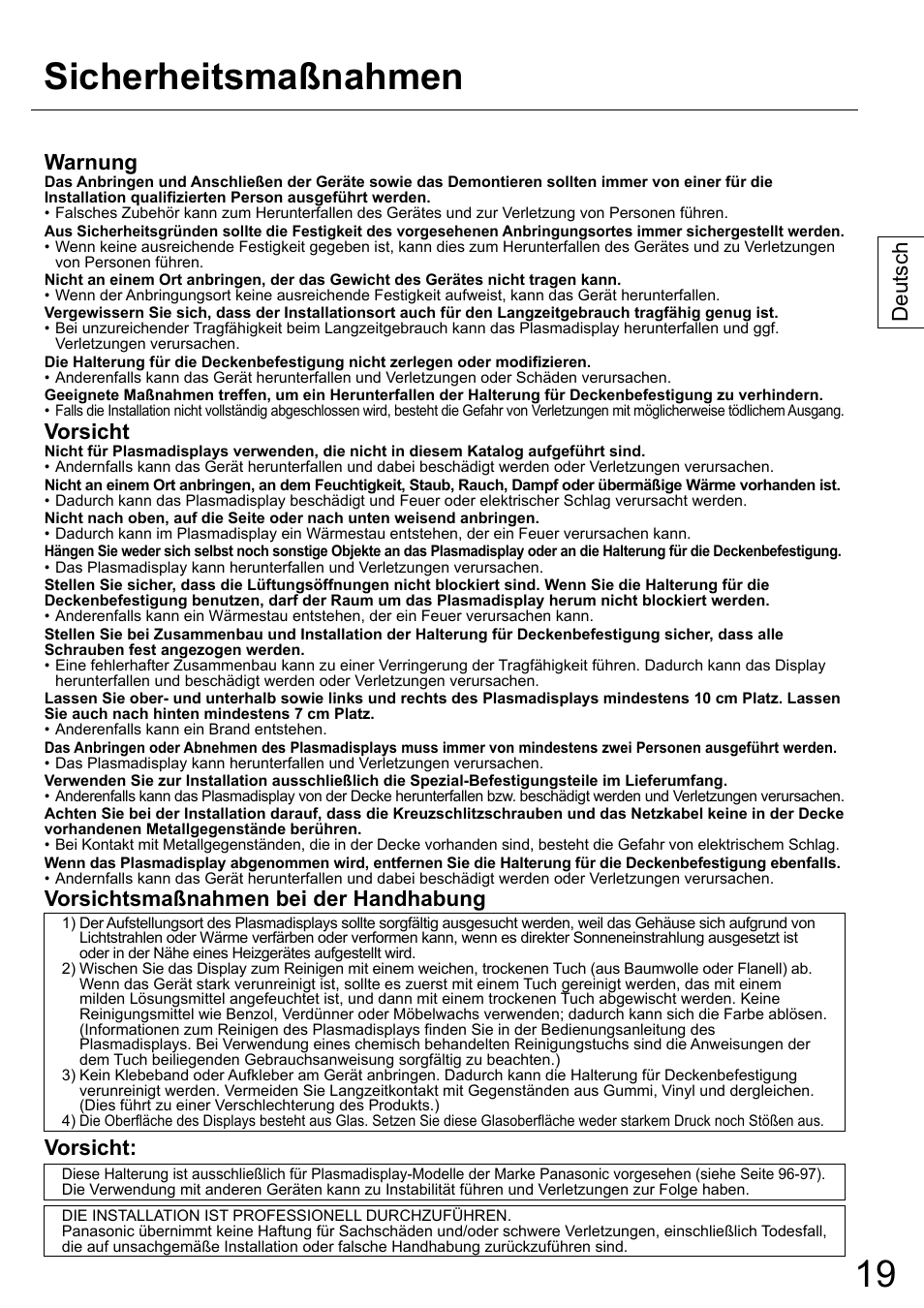 Sicherheitsmaßnahmen, Deutsch, Warnung | Vorsicht, Vorsichtsmaßnahmen bei der handhabung | Panasonic TYCE42PS20 User Manual | Page 19 / 98