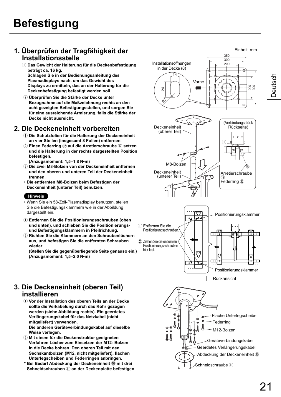 Befestigung, Die deckeneinheit vorbereiten, Die deckeneinheit (oberen teil) installieren | Deutsch | Panasonic TYCE42PS20 User Manual | Page 21 / 98