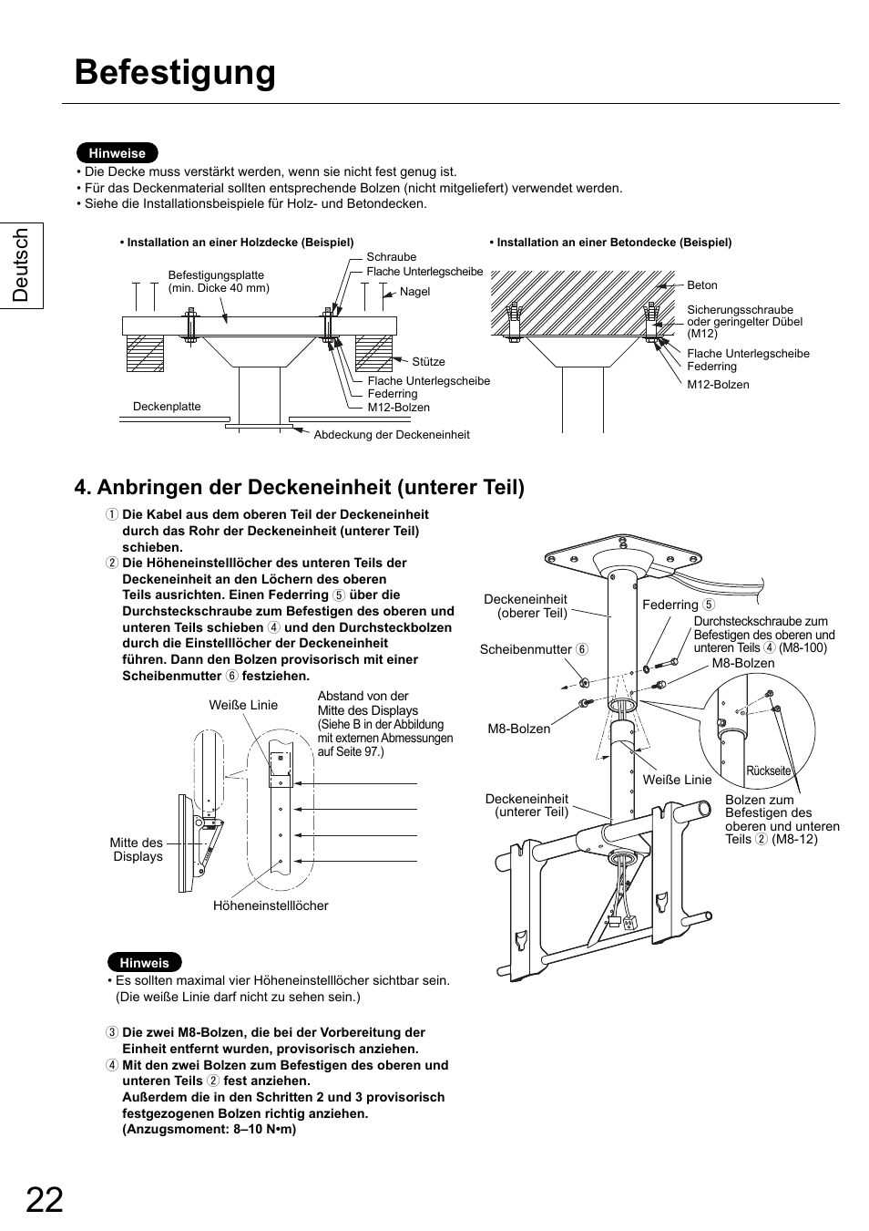 Befestigung, Anbringen der deckeneinheit (unterer teil), Deutsch | Panasonic TYCE42PS20 User Manual | Page 22 / 98