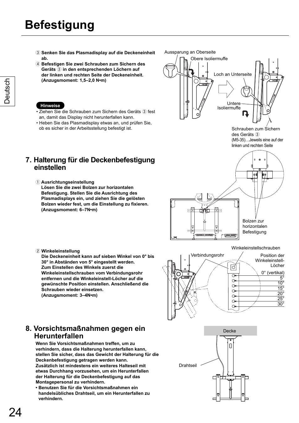 Befestigung, Halterung für die deckenbefestigung einstellen, Vorsichtsmaßnahmen gegen ein herunterfallen | Deutsch | Panasonic TYCE42PS20 User Manual | Page 24 / 98