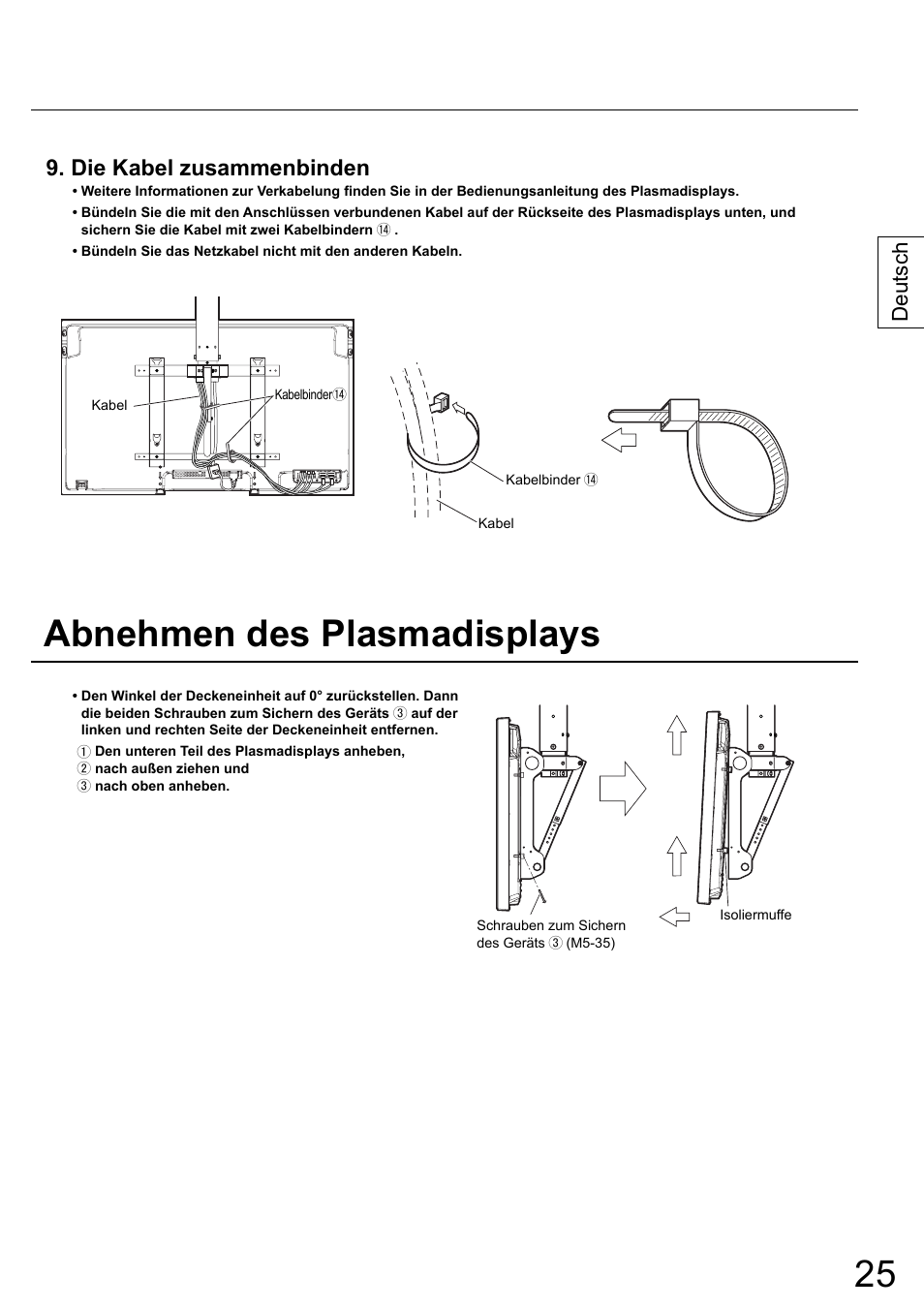 Abnehmen des plasmadisplays, Die kabel zusammenbinden, Deutsch | Panasonic TYCE42PS20 User Manual | Page 25 / 98