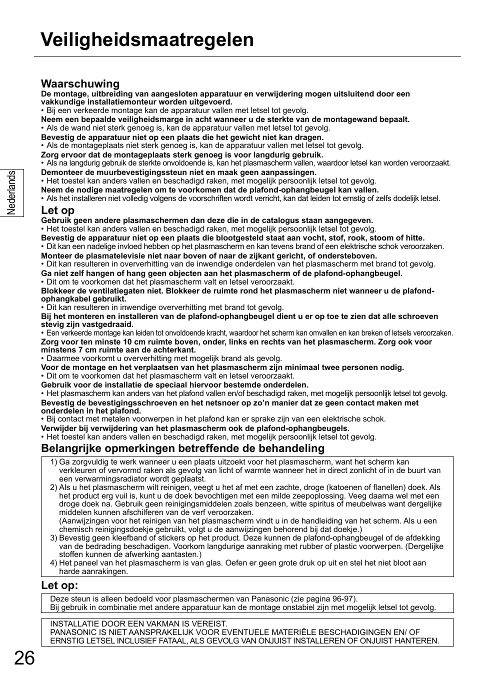 Veiligheidsmaatregelen, Nederlands, Waarschuwing | Let op, Belangrijke opmerkingen betreffende de behandeling | Panasonic TYCE42PS20 User Manual | Page 26 / 98