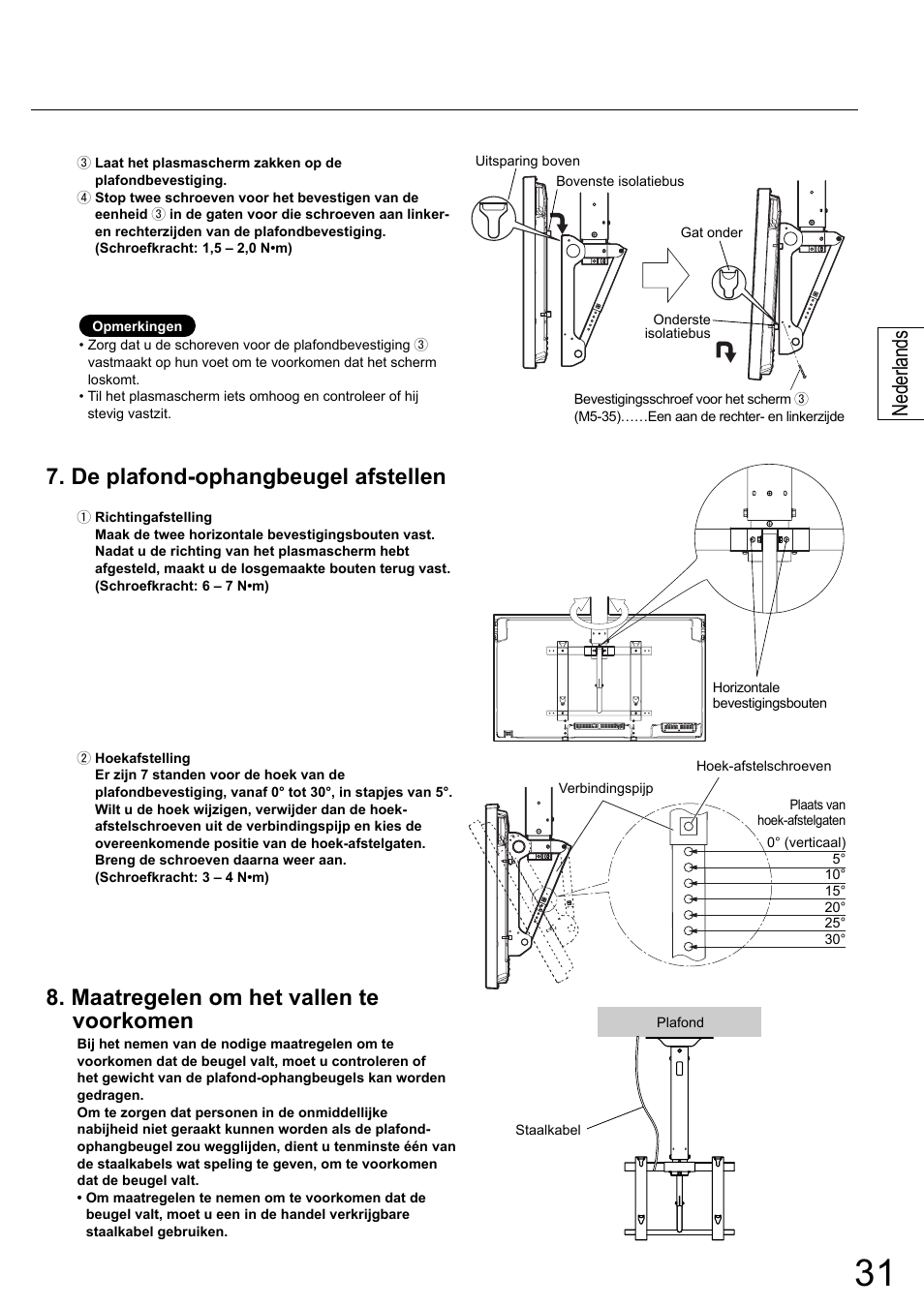 De plafond-ophangbeugel afstellen, Maatregelen om het vallen te voorkomen, Nederlands | Panasonic TYCE42PS20 User Manual | Page 31 / 98